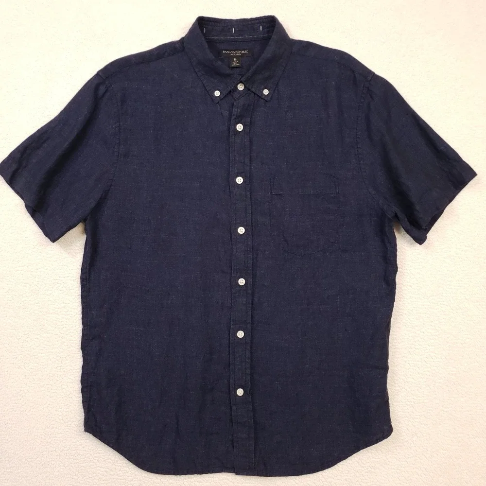 Banana Republic Button Down Shirt Mens Medium Blue Linen Short Sleeve 795770-00